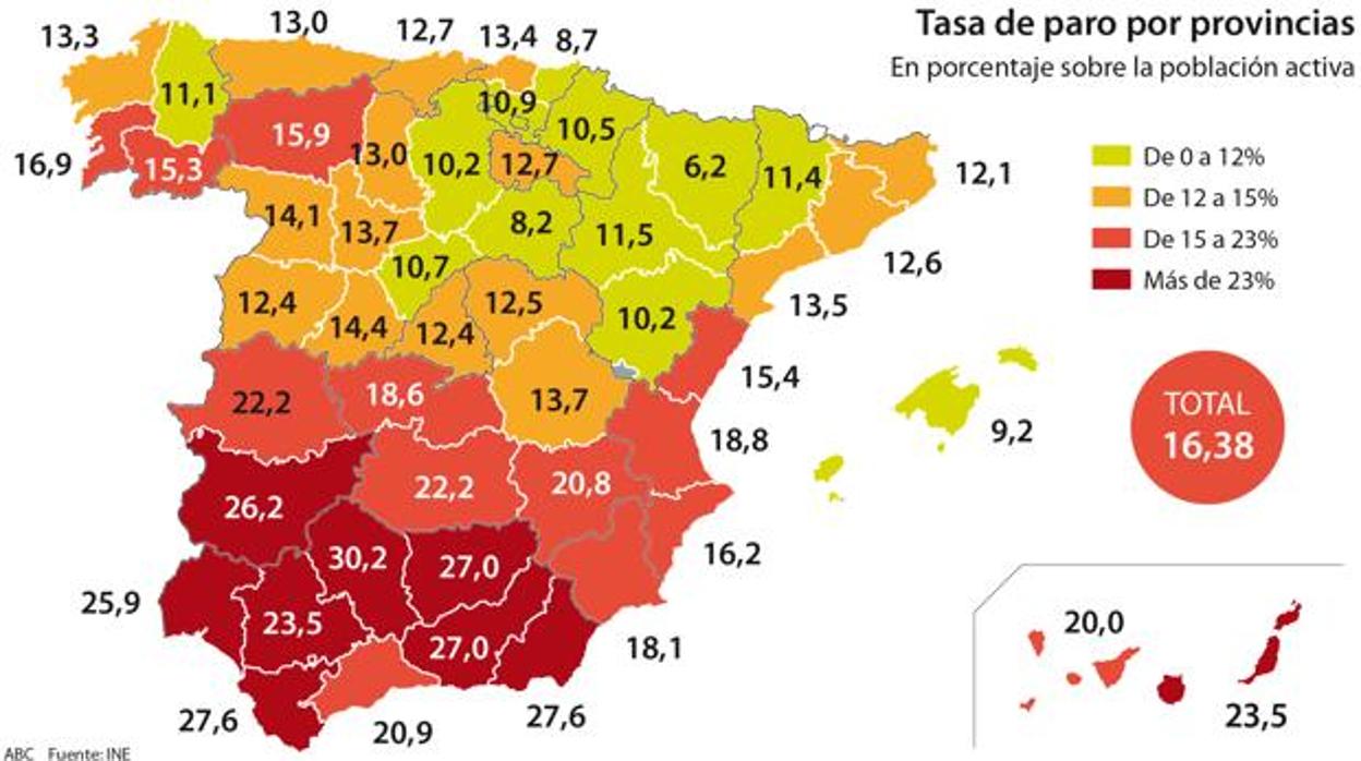 Mapa de la tasa de paro en España correspondiente a los últimos años de la crisis