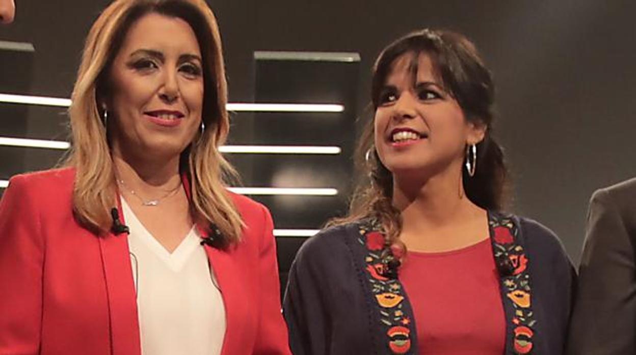 Susana Díaz y Teresa Rodríguez, durante un debate televisivo.