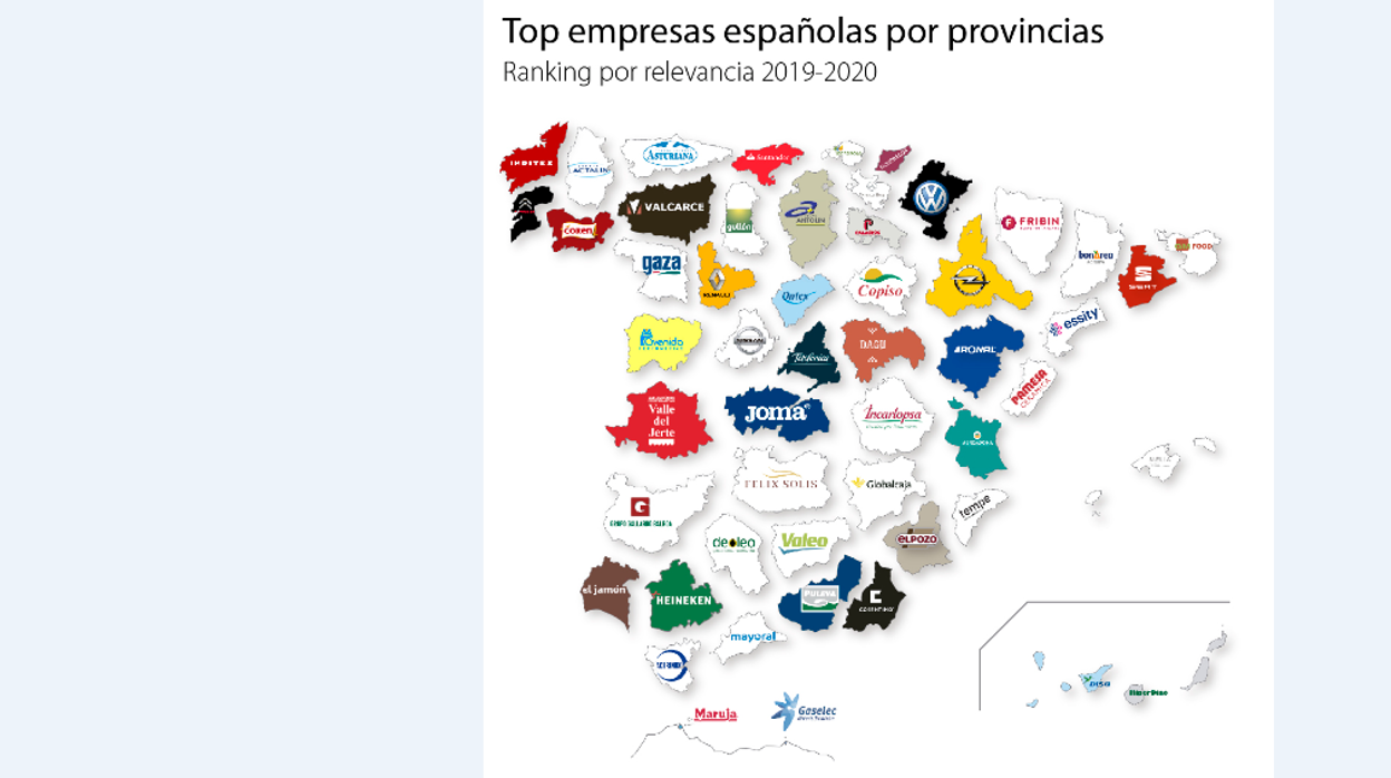 Mapa de las principales empresas españolas por provincias.