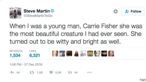 El polémico tuit que Steve Martin tuvo que borrar tras la muerte de Carrie Fisher