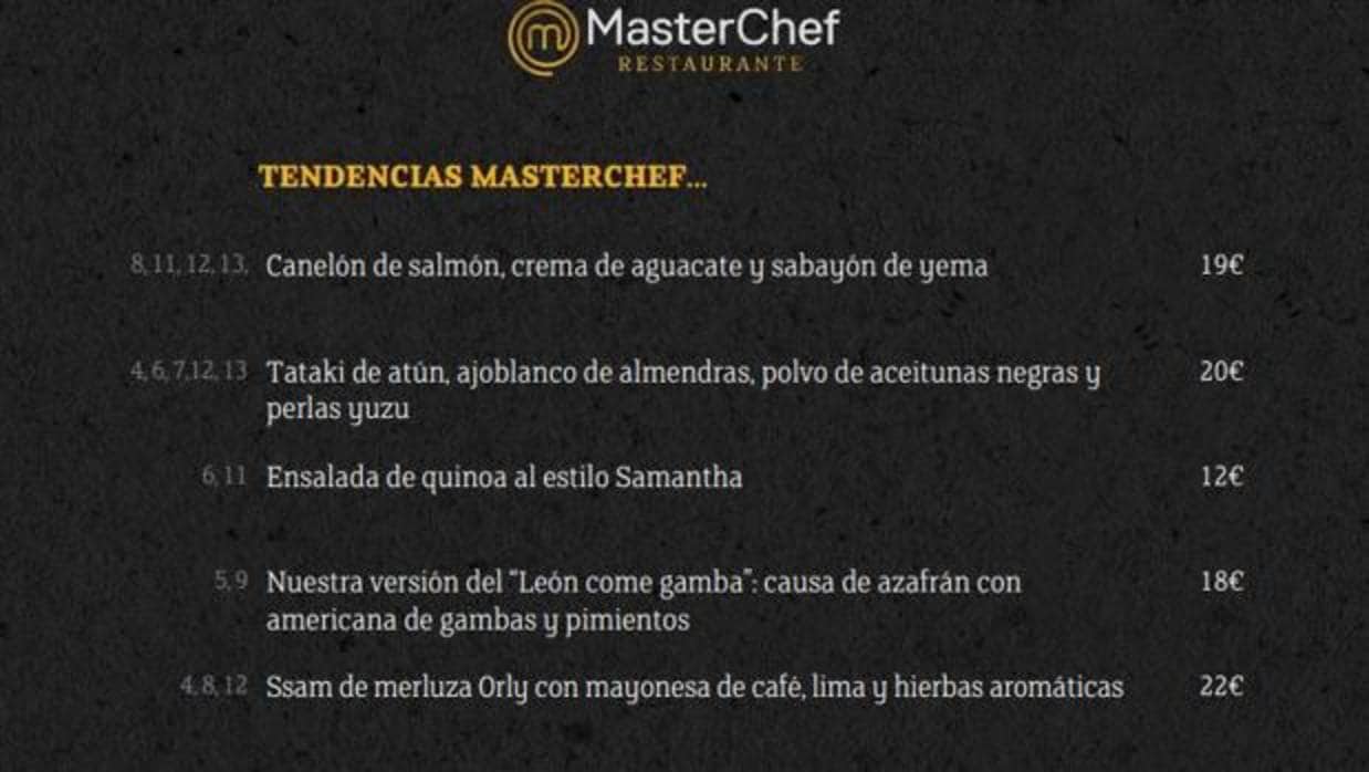 Detalle de la carta del restaurante MasterChef