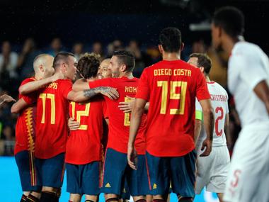 Los futbolistas de la selección española celebran el tanto de Odriozola ante Suiza antes del Mundial de Rusia
