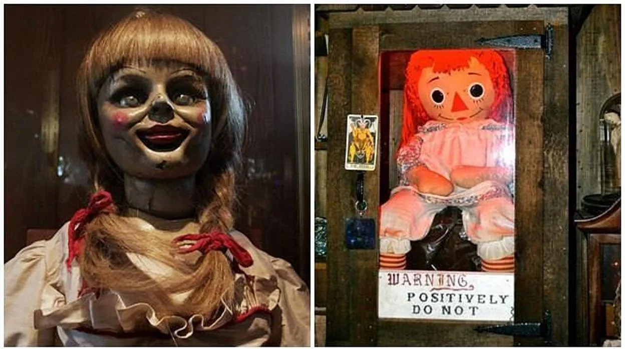 La Annabelle de la película (izda) y la real, en el museo Warren (dcha)