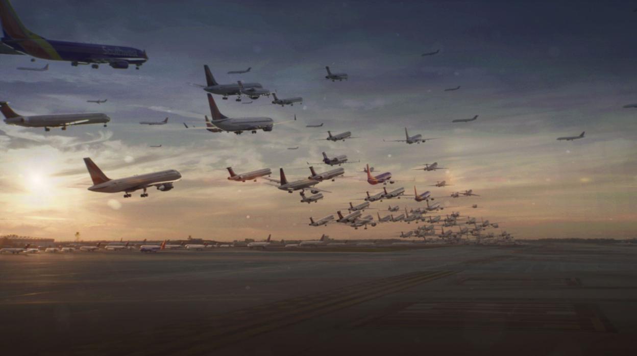 Simulación de un múltiple aterrizaje de aviones en «La vida en el aire»