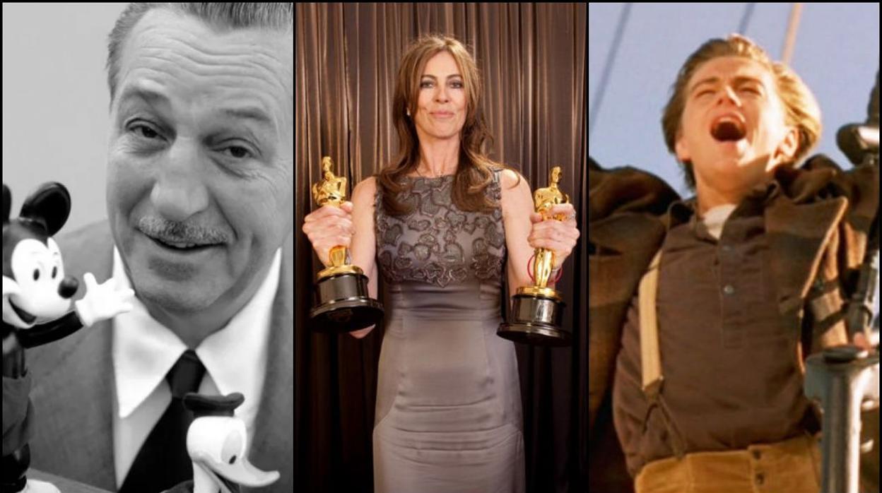 De izquierda a derecha: Walt Disney junto a Mickey Mouse y el Pato Donald; la directora de cine Katheryn Bigelow ; y Leonardo DiCaprio en «Titanic»