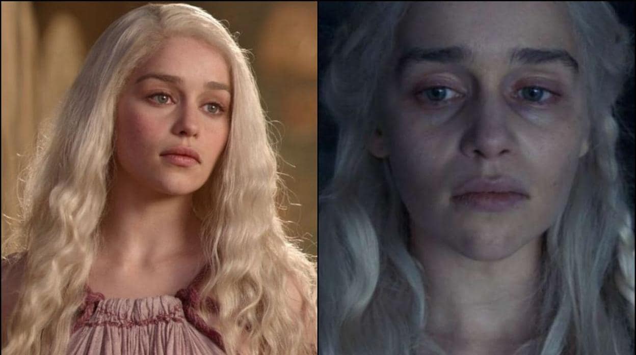 Imagen de Daenerys Targaryen (Emilia Clarke), en la primera temporada y en esta última de «Juego de Tronos»