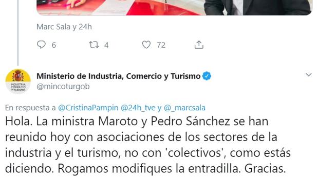 El ministerio de Industria «regaña» a través de Twitter a una periodista de TVE