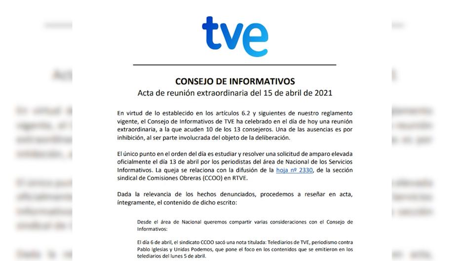 El Consejo de Informativos de TVE ampara a los periodistas ante las acusaciones de estar «contra Pablo Iglesias»