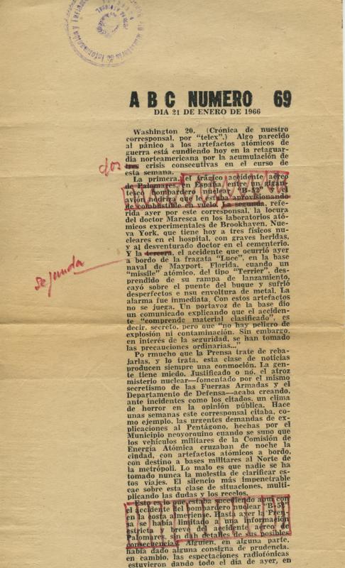 Galerada del artículo de ABC sobre Palomares que fue censurado