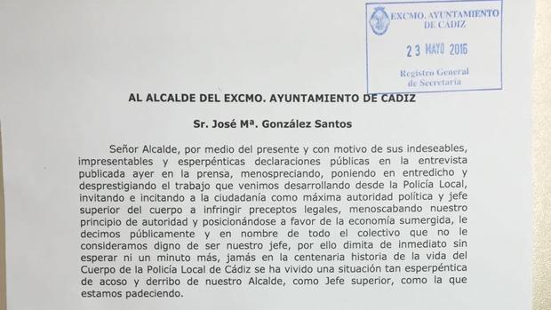 Misiva registrada en el Ayuntamiento de Cádiz