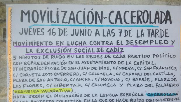 Cartel que anima a los gaditanos a manifestarse ruidosamente ante las sedes de cuatro partidos políticos el próximo jueves.