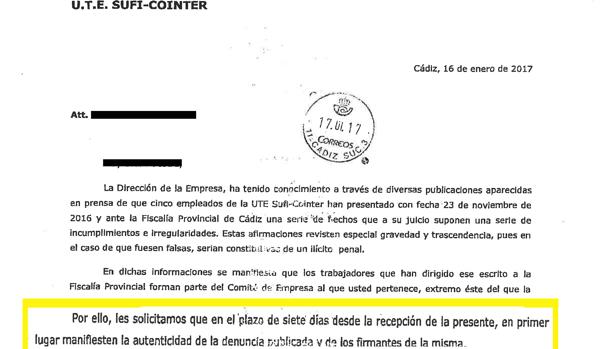 Buro fax enviado a los denunciantes y expediente sancionador abierto a uno de ellos por supuesta falta grave