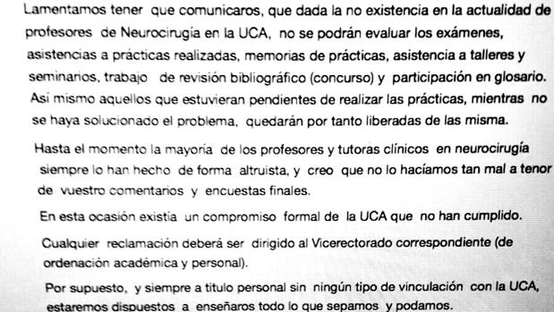 Captura de pantalla del mensaje del profesor afectado