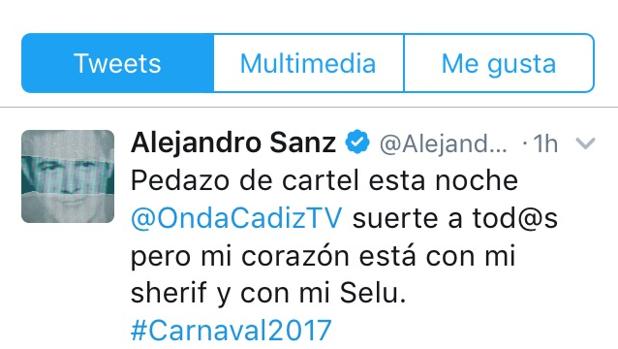 Alejandro Sanz: «Suerte a todos pero mi corazón está con mi Sheriff y con mi Selu»