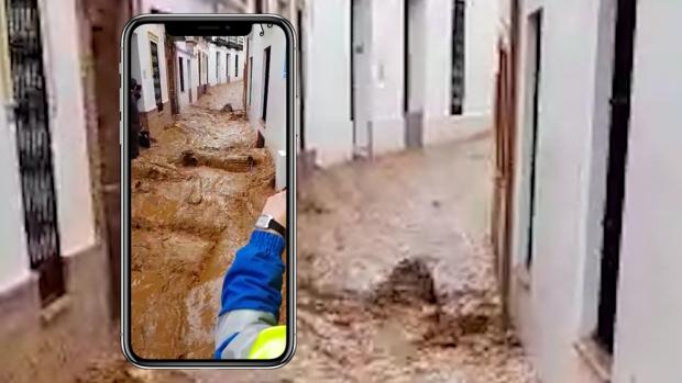 Temporal en la provincia de Sevilla: el centro de Constantina, inundado de agua y barro