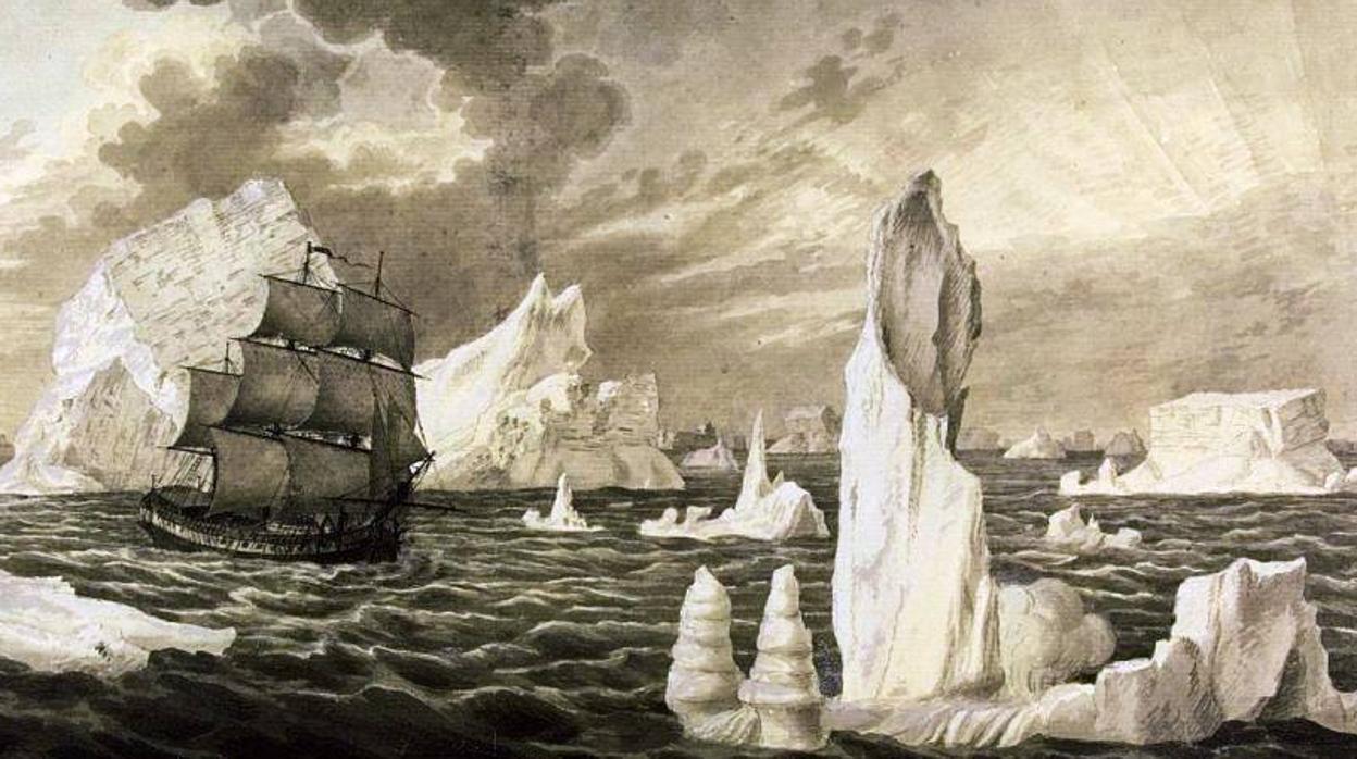 Ilustración del San Telmo en las costas heladas de la Antártida.