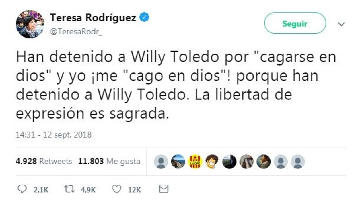 Una captura del tuit de Teresa Rodríguez.