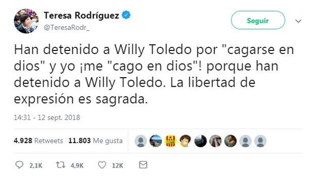 Teresa Rodríguez ofende a los católicos para defender a Willy Toledo