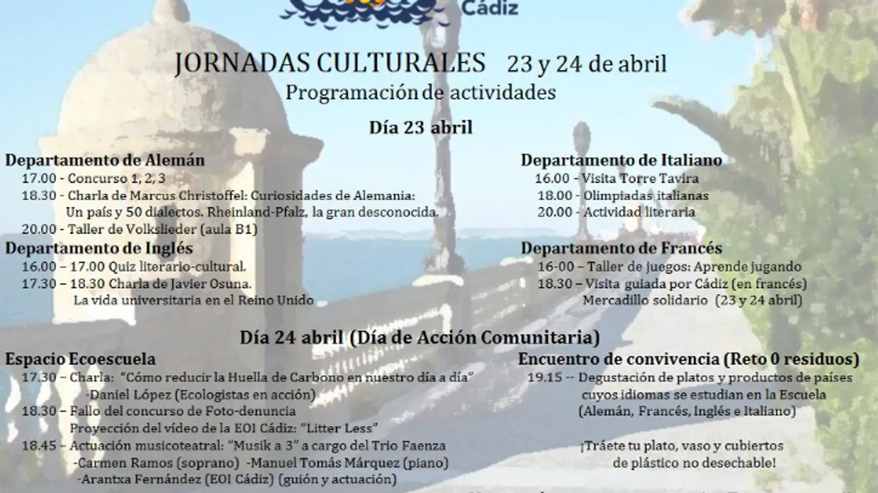 La Escuela Oficial de Idiomas de Cádiz celebrará sus jornadas culturales los días 23 y 24 de abril