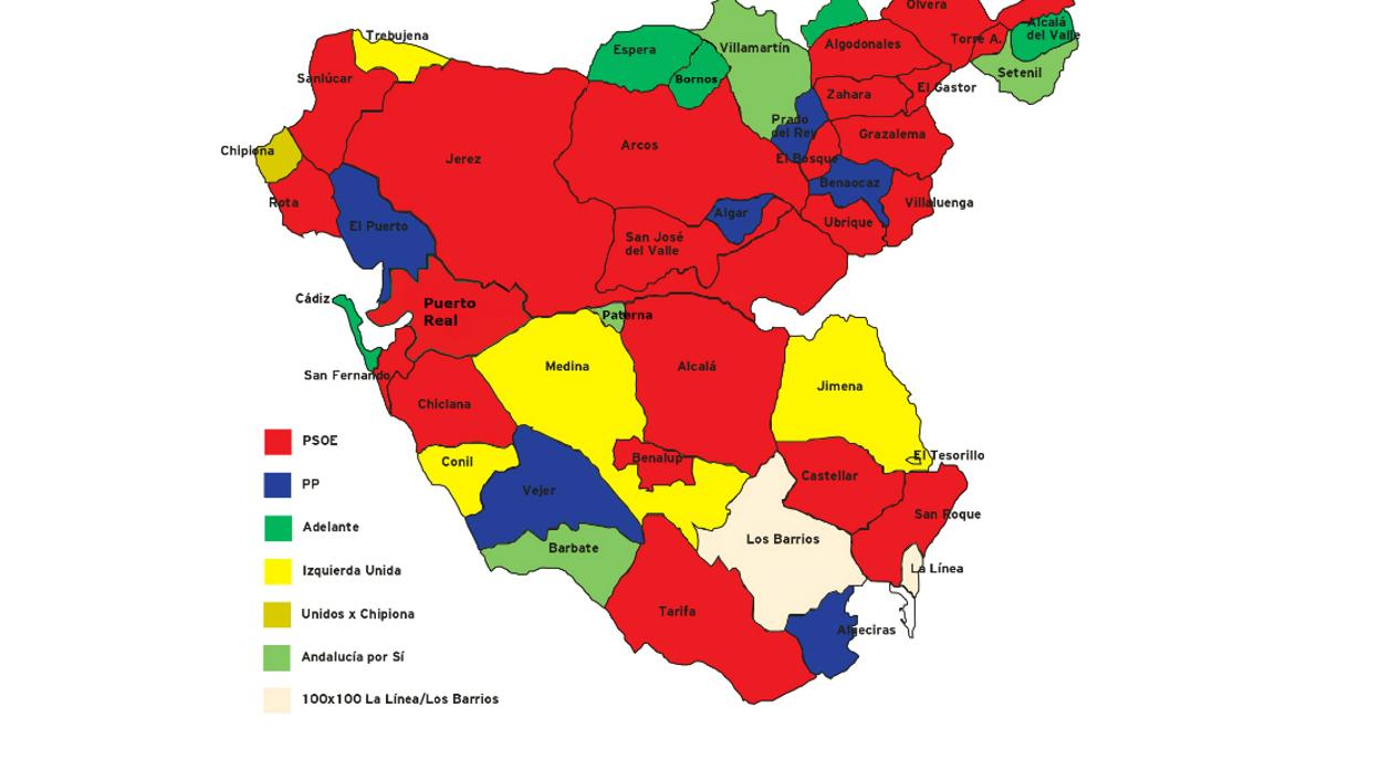 Los colores de los partidos que tienen las alcaldías en Cádiz