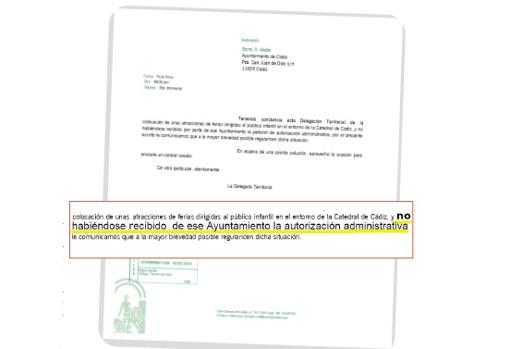 Carta de la Junta de Andalucía remitida al Ayuntamiento de Cádiz