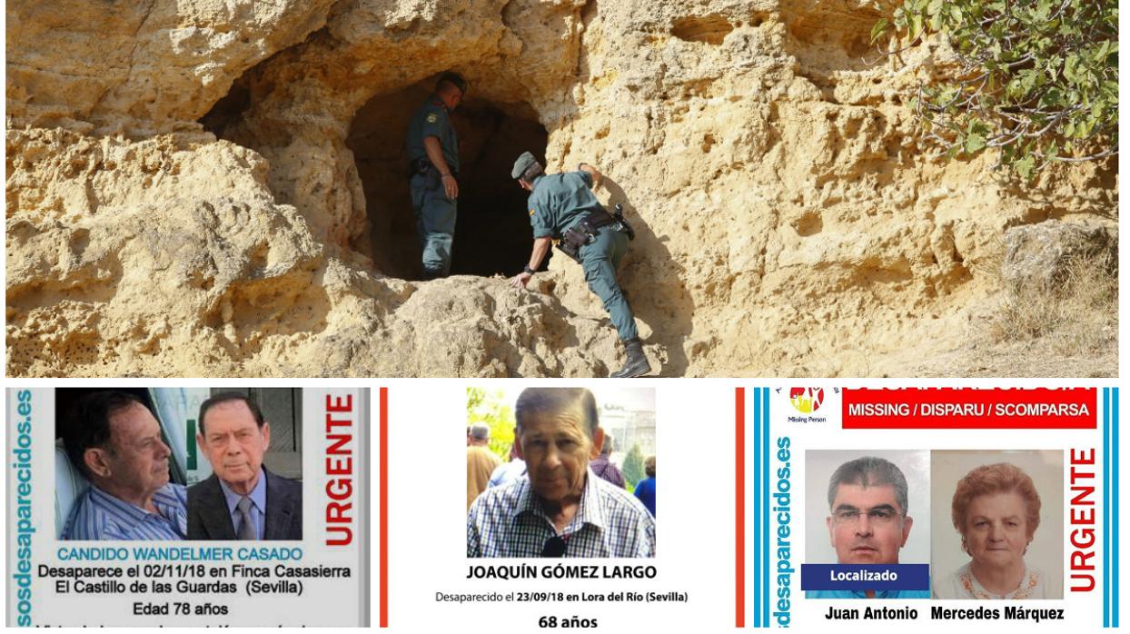 Bajo esta imagen de dos guardias civiles examinando una cueva en Carmona, los tres ancianos que siguen desaparecidos en la provincia de Sevilla