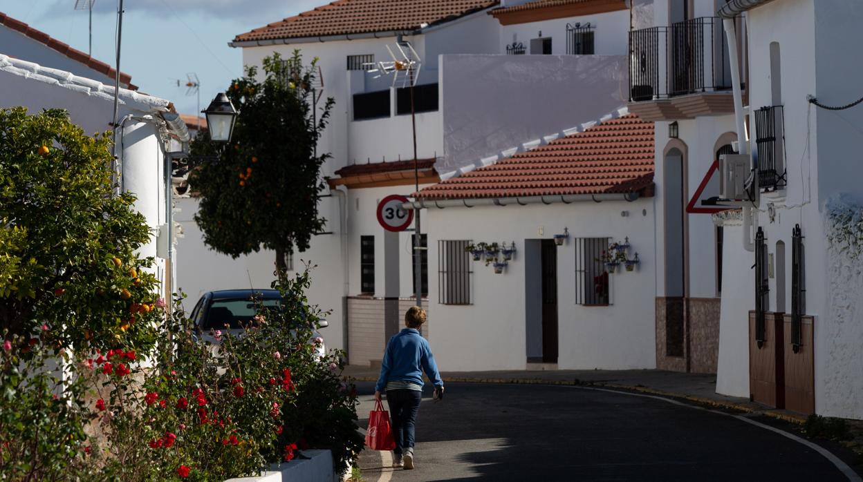 Una mujer pasea en una de las calles principales de El Madroño