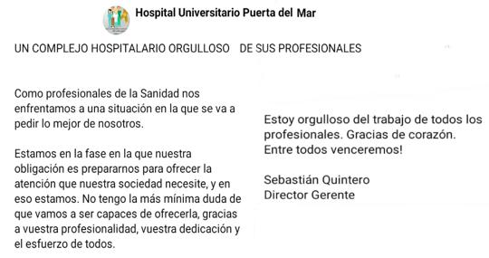 Comunicado en redes sociales del director gerente del hospital Puerta del Mar