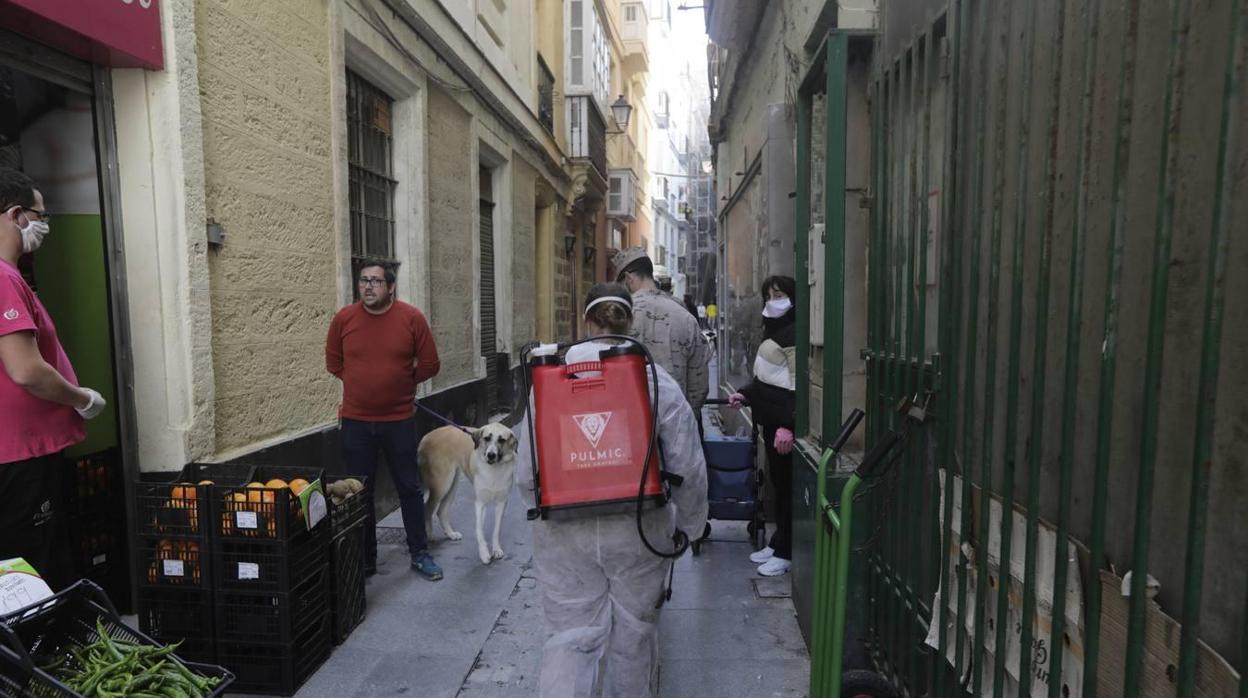 La UME desinfectó días atrás calles, plazas y edificios de colectivos vulnerables al Covid-19 en Cádiz.