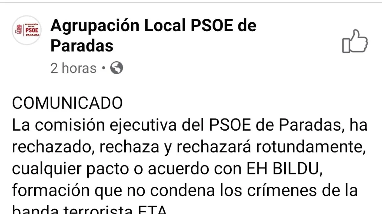 Comunicado de la agrupación local socialista de Paradas sobre el acuerdo de Pedro Sánchez con EH Bildu