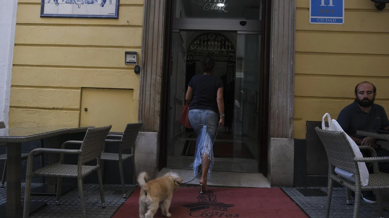Una cliente entra con su perro al Hotel Las Cortes de Cádiz.