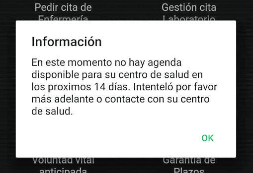 La App Salud Responde advierte a un usuario de que no es posible reservar una cita médica en las próximas dos semanas.