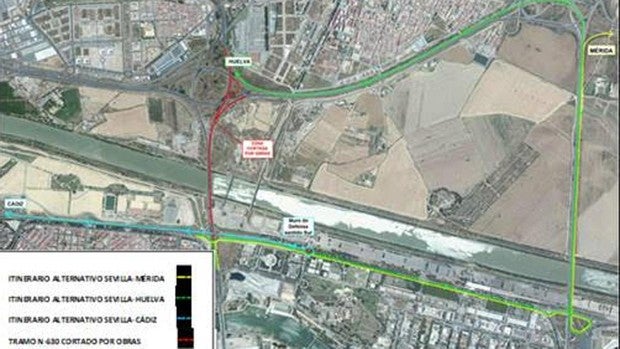 Cortes de tráfico en la salida hacia la autovía A-49 en sentido Huelva y en la SE-30 desde este viernes