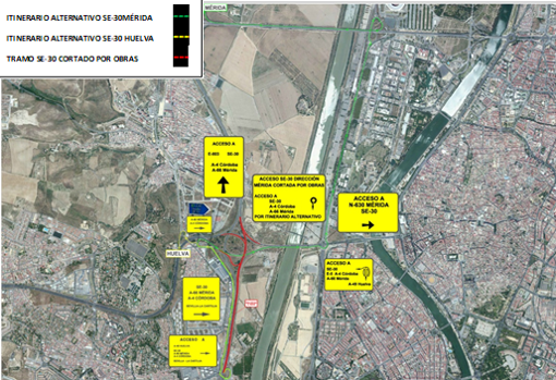 Cortes de tráfico en la salida hacia la autovía A-49 en sentido Huelva y en la SE-30 desde este viernes