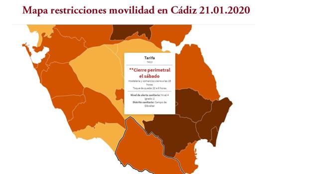 Mapa de la tasa de incidencia y restricciones en los 45 municipios gaditanos