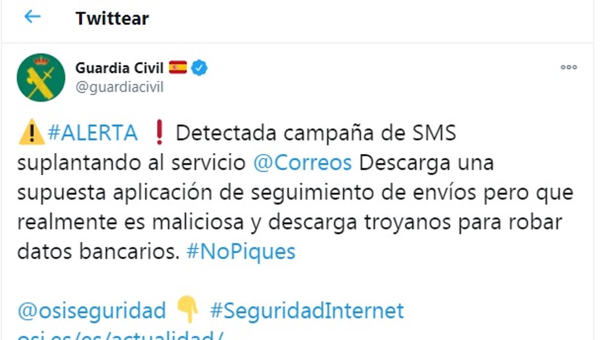 La Guardia Civil alerta de la estafa que usa a Correos como gancho.