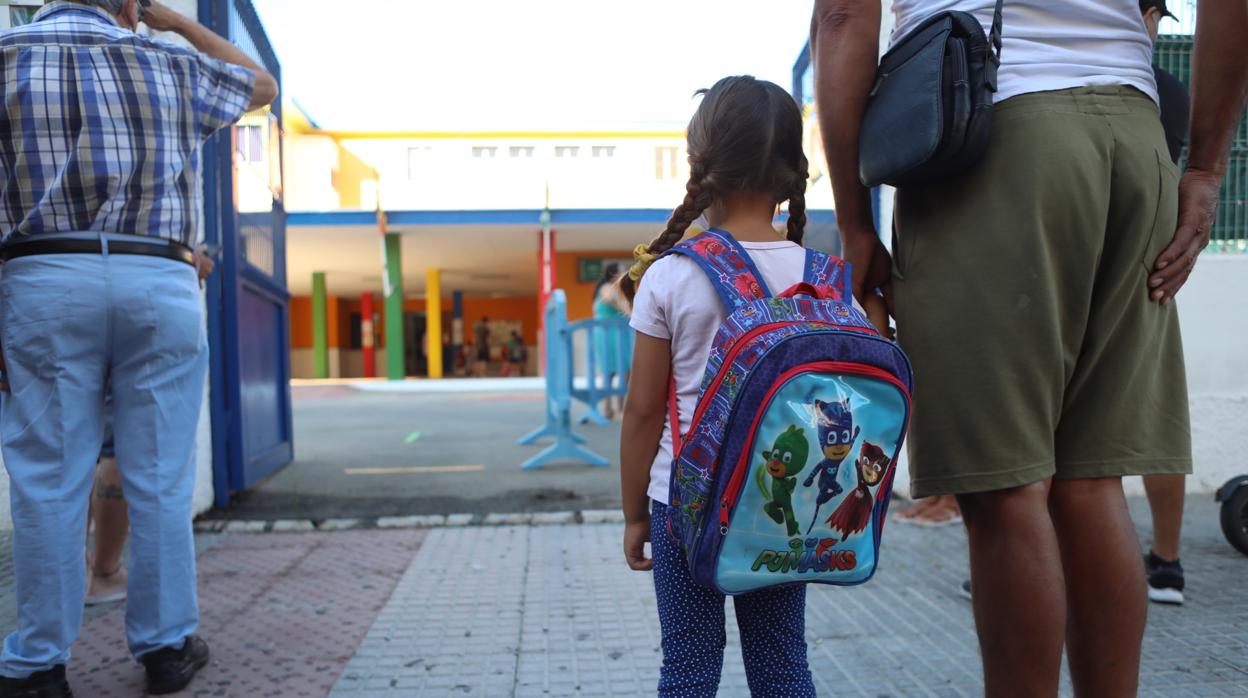 Una alumna mira desde la puerta su colegio.