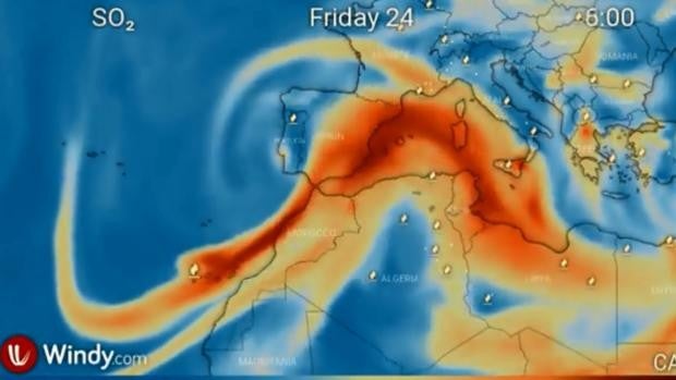 La nube de dióxido de azufre del volcán de La Palma alcanzará la provincia de Cádiz