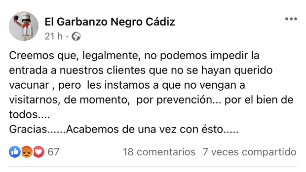Un restaurante de Cádiz pide a los clientes no vacunados que no vayan