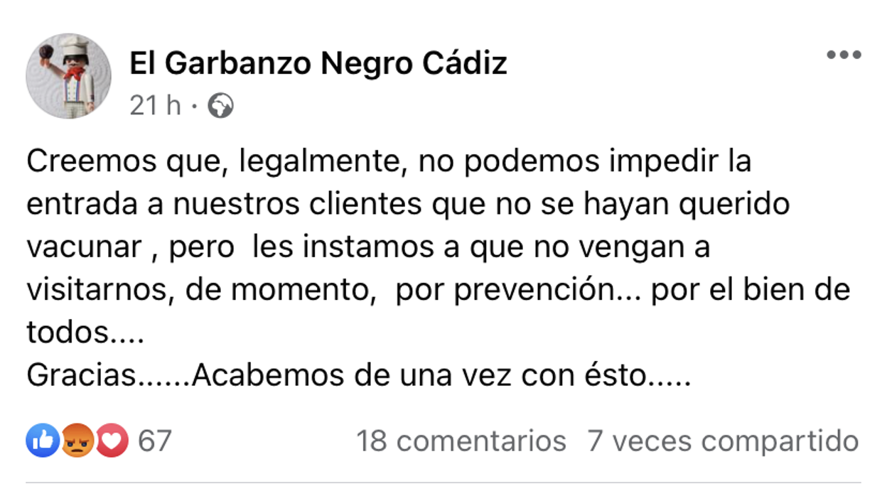 Publicación en el perfil de Facebook del local.