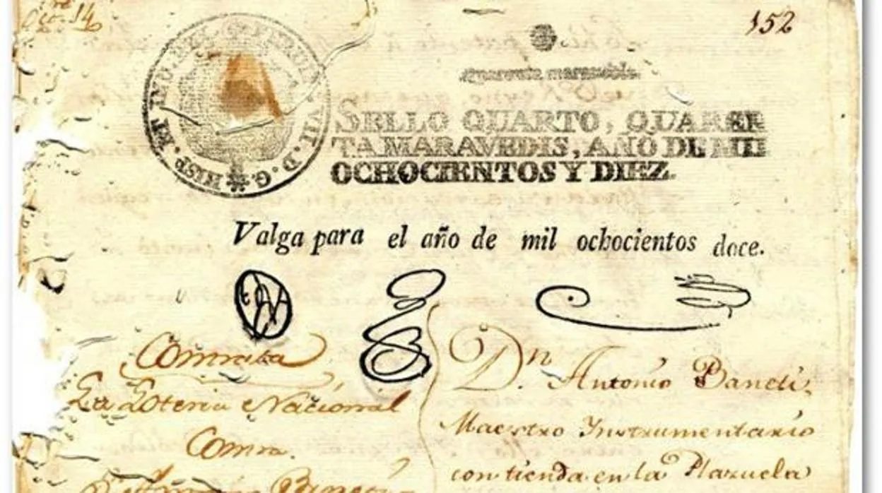 Sello de la primera Lotería Nacional en Cádiz en 1812