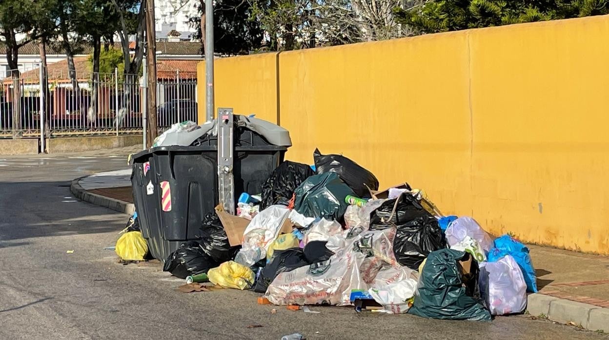 Un contenedor quemadoy bolsas de basura este domingo