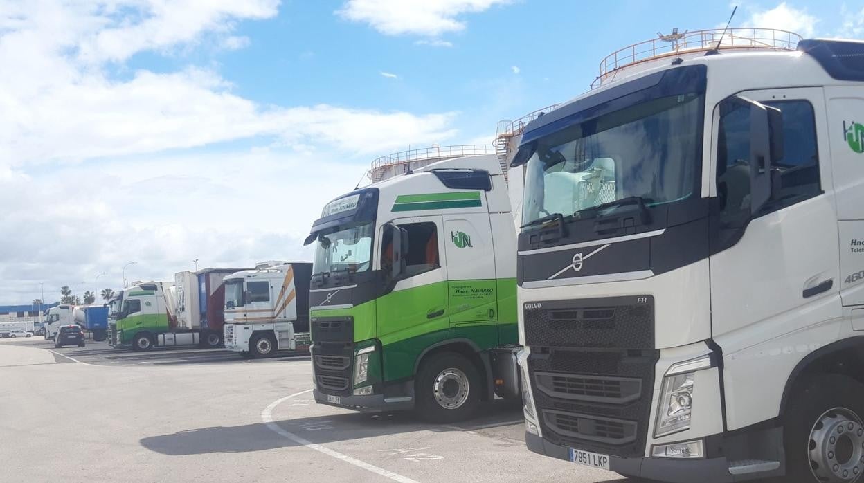 Camiones aparcados este lunes en el recinto interior de la Zona Franca de Cádiz