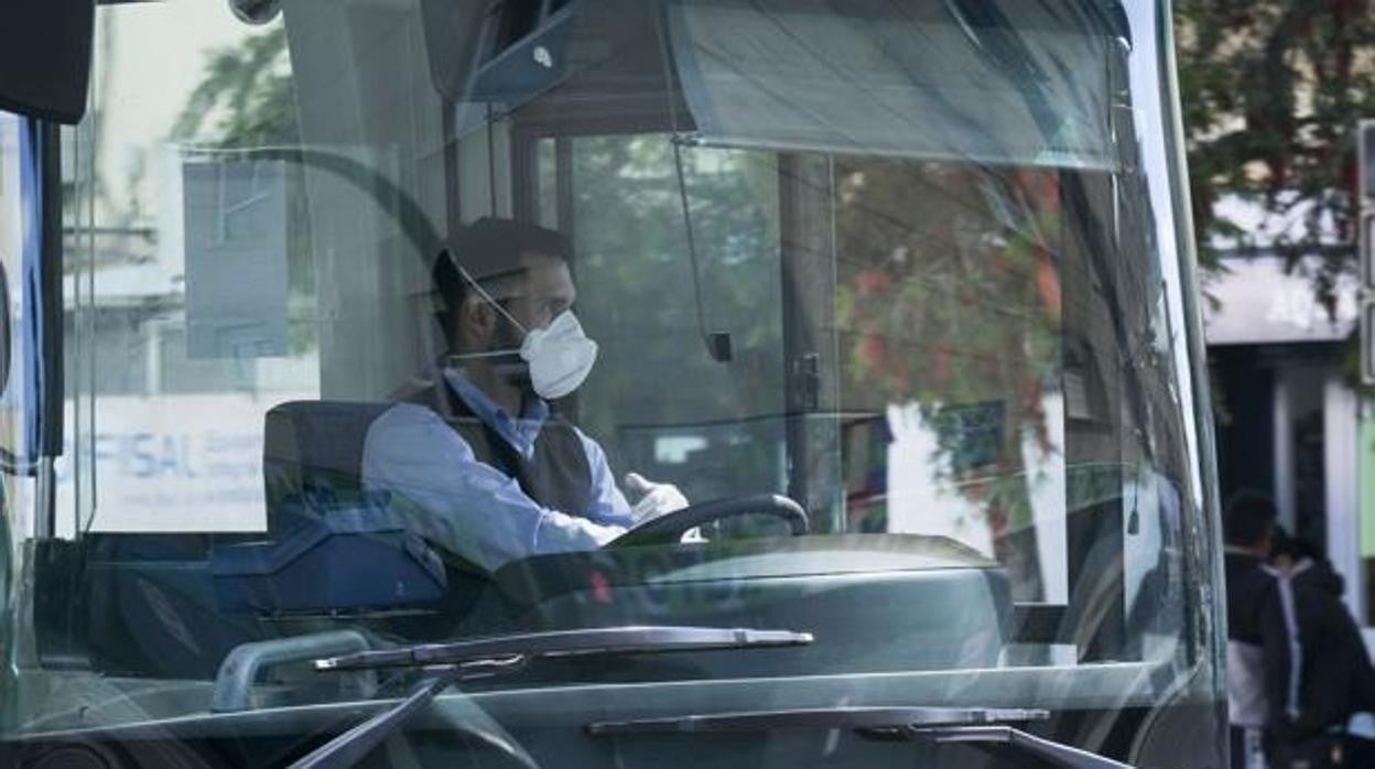 Un conductor de autobús de Cádiz, cubierto con mascarilla.