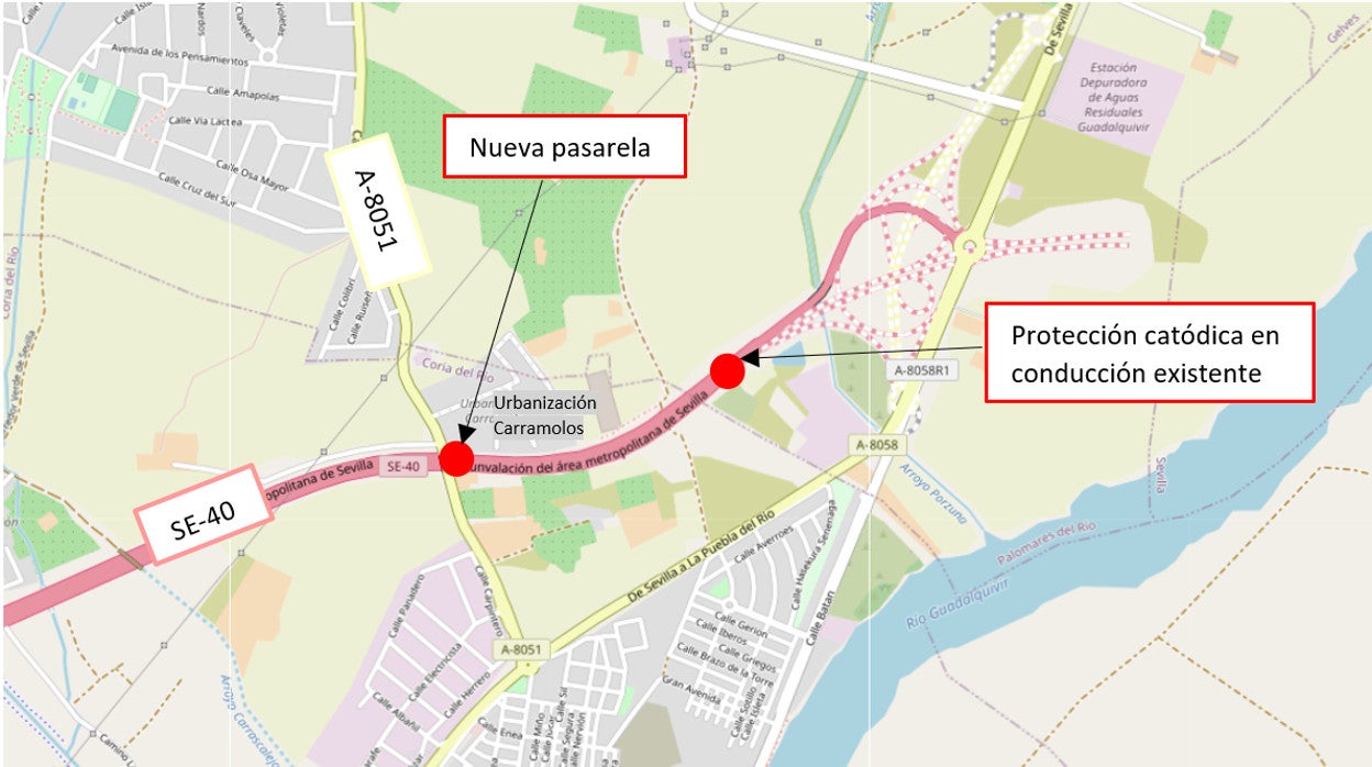 Mapa de la SE-40 y ubicación de la pasarela peatonal entre Coria y Almensilla