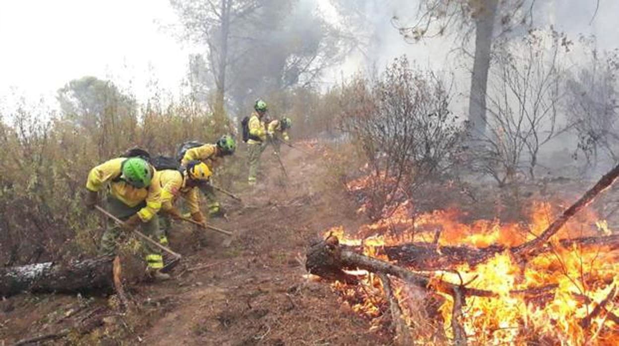 Efectivos del Plan Infoca durante el incendio de El Ronquillo en 2018