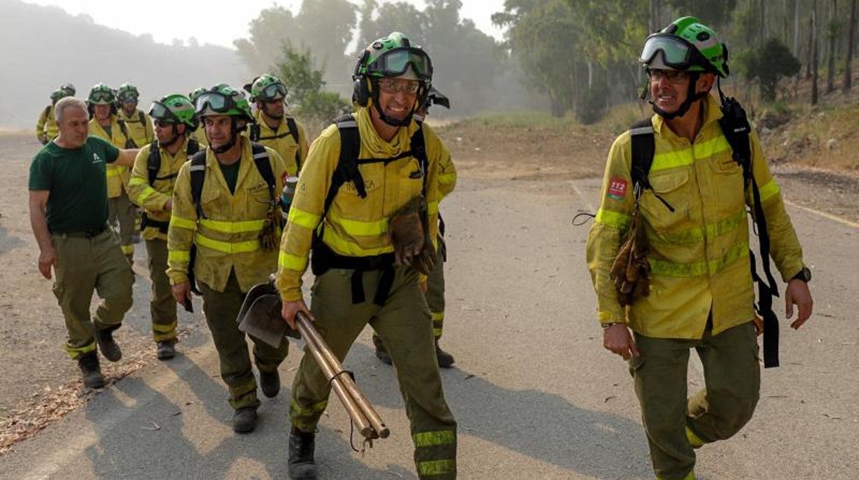 Bomberos que participan en la extinción del incendio de Málaga