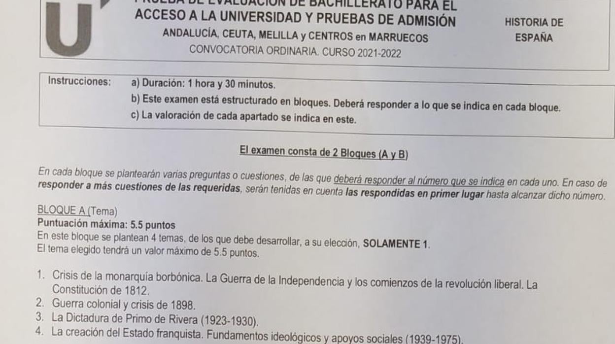 Examen de Historia de la Selectividad en Andalucía 2022