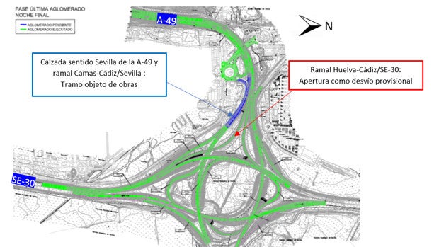 Más desvíos en la A-49 desde esta tarde a las 20.30 horas hasta las seis de la mañana a la altura de Camas