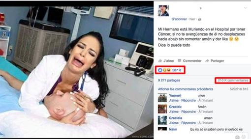 La foto de un enfermo de cáncer que conmociona Facebook es una escena de una película porno